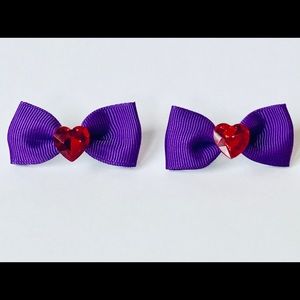 Purple bow hair clip set with red heart rhinestone